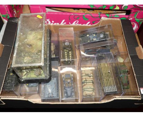 A box of mainly modern release Atlas Edition military related diecast and diorama, to include a Hanomag SDK FZ German tractor