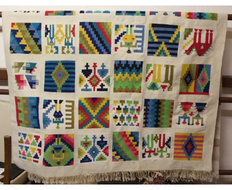 A Turkish woollen cream ground Kelim rug, with bright coloured geometric blockwork decoration, 250 x 162cmIn good condition o