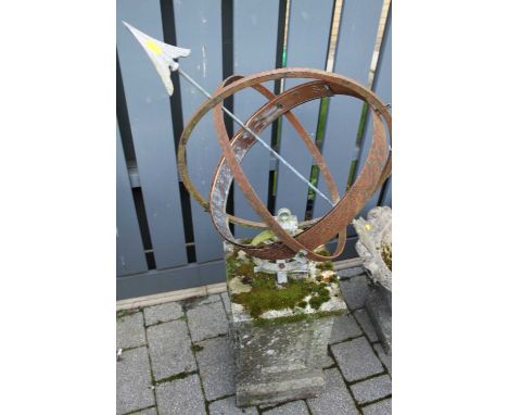 A reconstituted stone and wrought iron spherical sundial, h.118.5cm 