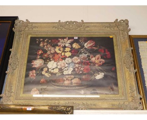 After the Dutch Old Masters - Still life with flowers in a basket, gilt-framed print, 56 x 76cm 