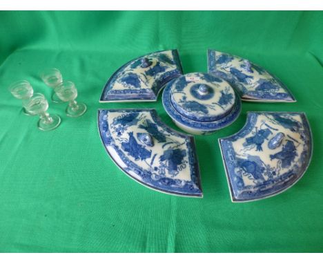 Spode blue and white hors d'oeuvre set and 4 cut glass sherry glasses 