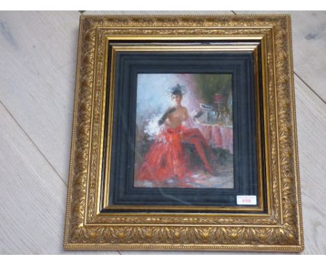 Oil on board a portrait of a burlesque dancer in her dressing room 23.5cm x 18.5cm