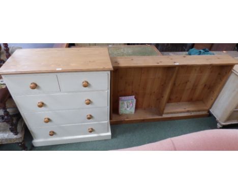 Modern White painted chest of 2 short & 3 long drawers & modern shelf unit, 98Hx86W, 87hx142cmW