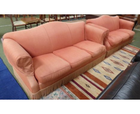Pair camel back 3 seater sofa upholstered in light burgundy fabric 200 x 66