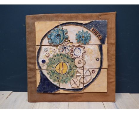 Good crewel work tapestry picture of a tree, framed and glazed and unusual large tile plaque depicting a watch