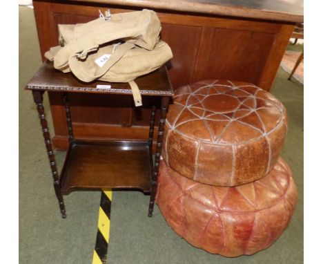 2 vintage leather poufs, 2WW canvas bag and oak side table