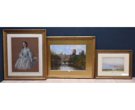 C20th English School Castle in a riverscape watercolour 43cmx60cm, & portrait of a lady etc