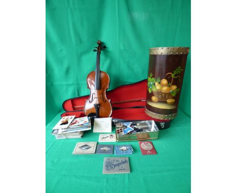 Qty of mixed bric-a-brac, collectables, incl buttons, postcards, violin etc