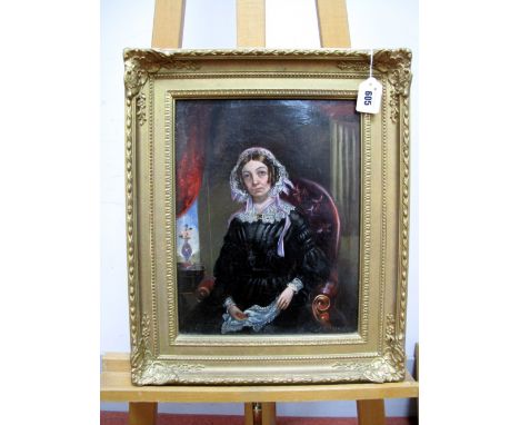 A.J. WOODCOCK (British School, XIX Century) Portrait of a Lady, seated in an armchair, three-quarter length, wearing a lace-t