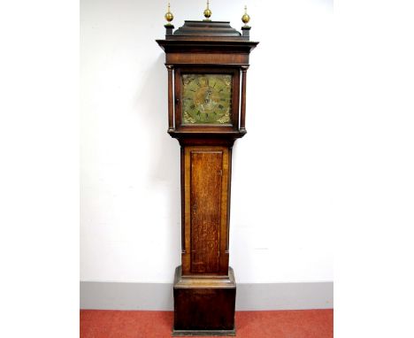 An XVIII Century Oak 30-Hour Longcase Clock, brass dial with Roman numerals and makers name "John Steel", with caddy top pedi