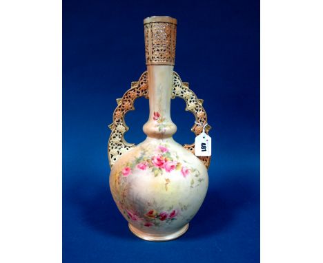 A Grainger & Co. Worcester Porcelain Vase, of globular form, with knopped tapered neck pierced at the top, the two handles al