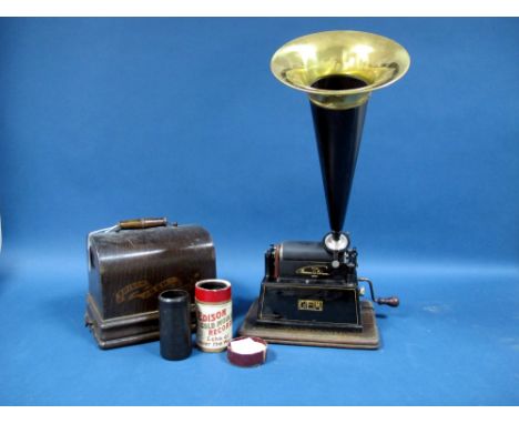 An Early XX Century Edison Gem Phonograph, serial no. 275427, gilt lined black enamel case, model C reproducer, replacement w