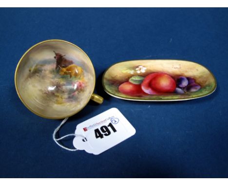 A Royal Worcester Porcelain Pin Tray, of oval form, painted by G. Moseley, signed, with ripening fruit against a mossy woodla