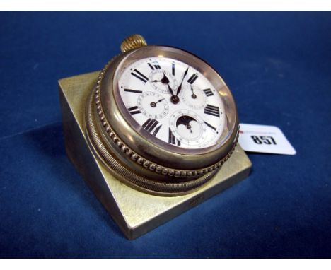 A Late XIX Century Swiss Desk Watch, the movement with enamel dial, four subsidiary calendar and moon phase dials, set within