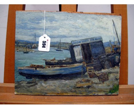 ENGLISH SCHOOL (Early XX Century) Motor Boats for Hire, oil sketch on canvas, laid on panel, inscribed "Newlyn" verso, 24.2 x