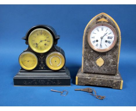 A Victorian Mantel Clock, the cylinder movement striking on a bell (bell lacking), circular white enamel dial, Roman numerals