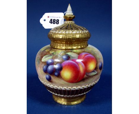 A Royal Worcester Porcelain Pot Pourri Vase and Pierced Cover, (inner cover missing), the ovoid part basket work body painted