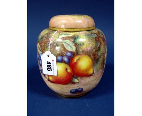 A Royal Worcester Porcelain Ginger Jar and Cover, of ovoid form, painted by H. Ayrton, signed, with ripening fruit against mo