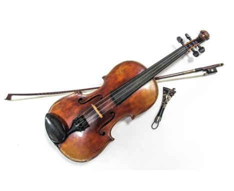 A Late XIX Century Violin, the one-piece back, length 141/8in, inlaid with ornamental stringing, the table conforming, intern