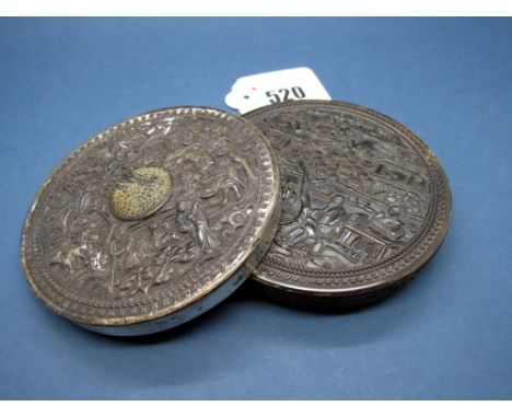 A Mid XIX Century Cantonese Tortoiseshell Circular Snuff Box and Cover, externally all-over carved with garden scenes and lan