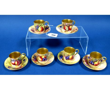 Six Royal Worcester Porcelain Cabinet Cups and Saucers, painted by A. Shuck, W. Austin, R. Rushton and E. Townsend, signed, w