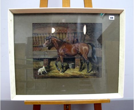 •JOSEPH APPLEYARD (1908-1960) Portrait of a Bay Stallion with Terrier in a Loose Box, gouache, signed and dated (19)41 lower 