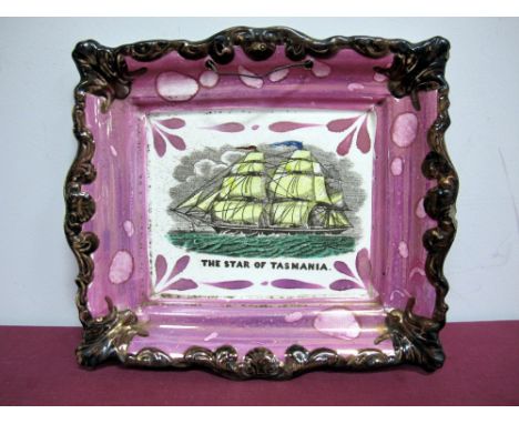 A Mid XIX Century Sunderland Lustre Pottery Plaque, of shaped rectangular form, the centre printed and overpainted with "The 