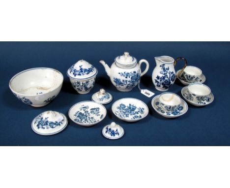 A Worcester Porcelain Globular Teapot and Cover, with flower knob, decorated in blue with the Fence pattern, crescent mark, 1