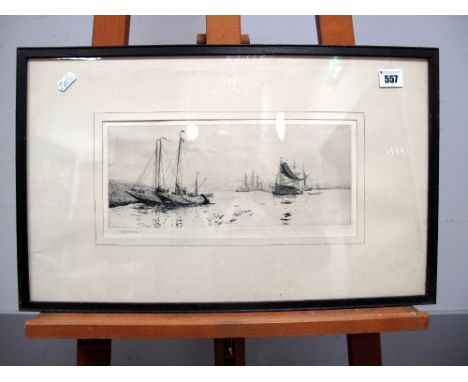 AFTER WILLIAM LIONEL WYLLIE (1851-1931) On the Scheldt, etching, signed in pencil in the margin, 14.2 x 31.2cms.
