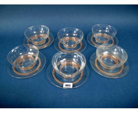 A Set of Six Lalique Glass Dessert Bowls and Matching Plates, each decorated in the Dampierre pattern of birds in bands again