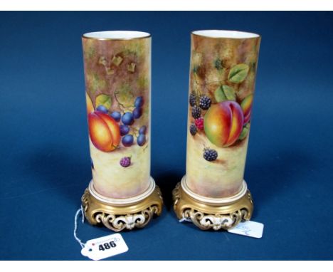 A Pair of Royal Worcester Porcelain Vases, of cylindrical form, raised on pierced gilt bases, painted by J. Smith and A. Telf