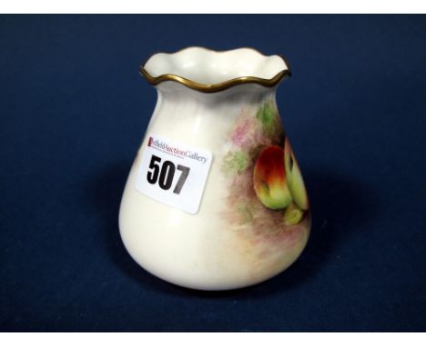 A Royal Worcester Porcelain Vase, of tapered form with wavy rim, painted by G. Delaney, signed, with ripening fruit against a