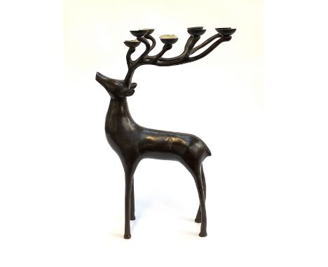 A heavy vintage bronze stag candlestick holder from Pottery Barn, 51.5cmH