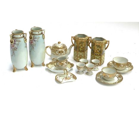 Quantity of Japanese porcelain to include Noritake, white and gilt part tea set and two pairs of twin handle vases, tallest 2
