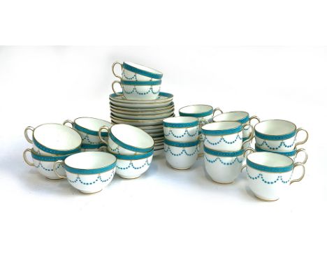 A late 19th/early 20th century Minton part tea and coffee service, turquoise and gilt decoration, comprising teacups (9), cof