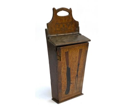 A George III oak knife box, inlaid with knife and fork motif inscribed 'S.W 1786', 46cmH