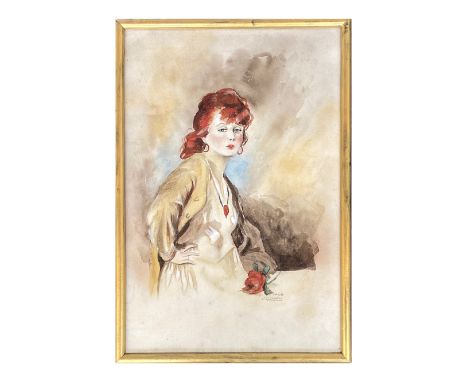 An early 20th century portrait of a red haired woman holding a rose, watercolour on paper, signed C.M Davies, 38x25.5cm