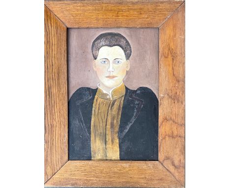 A naive oil on panel portrait of a woman in Edwardian dress, 38x26cm