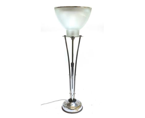 An Art Deco style chrome and frosted glass lamp, 92cmH