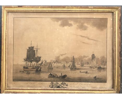After John Thomas Serres (1759-1825), coloured etching of maritime Liverpool with a printed dedication to General Tarleton &a