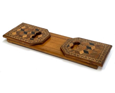 A 19th century Tunbridge ware sliding travel book shelf, 40cmW when closed