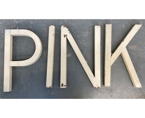 A quantity of nine large vintage painted wooden shop sign letters KISSING and PP (SKIPPING, SKIP, SING, PINK, SPINKS etc), ea