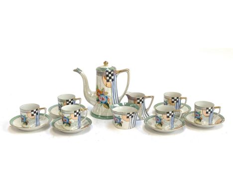 A Noritake Art Deco style lustre coffee set, comprising six cups and saucers, coffee pot, milk jug and sugar bowl