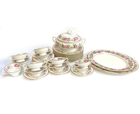 Royal Worcester 'Royal Garden Elgar' part dinner service, comprising twin handled cups (11), saucers (8), plates (10), lidded