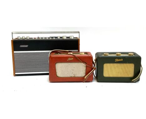 A vintage Hacker radio, Super Sovereign RP75; and two Roberts radios, all on swivels