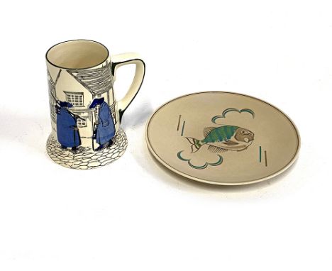 Poole pottery fish plate, Royal Doulton tankard depicting night watchmen, number D4746