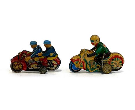 Two vintage tin plate motorcycle wind up toys (AF), tallest 12.5cmH