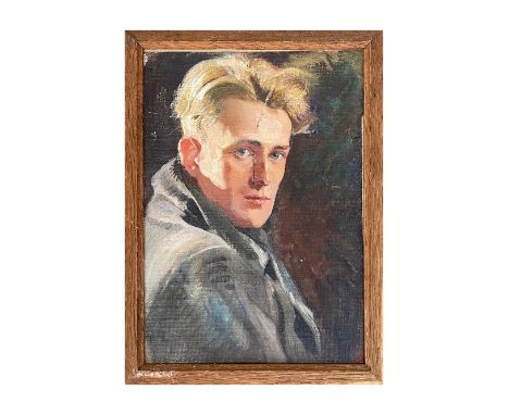An early 20th century portrait of a young man in a grey coat (scratched), oil on board, bears label to verso for Percy G. Bee