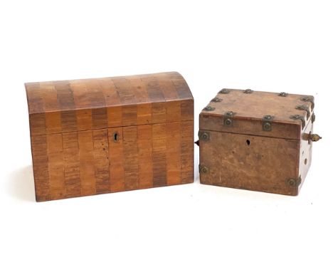 A 19th century parquetry letter box, 22.5cmW; together with a small burr walnut tea caddy, 16cmW (2)
