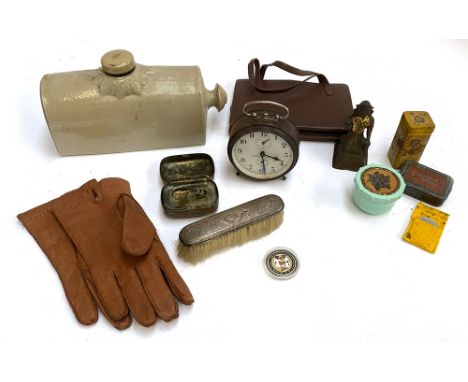 Mixed lot to include silver topped clothes brush, vintage pears soap travel case, alarm clock, stoneware hot water bottle, vi